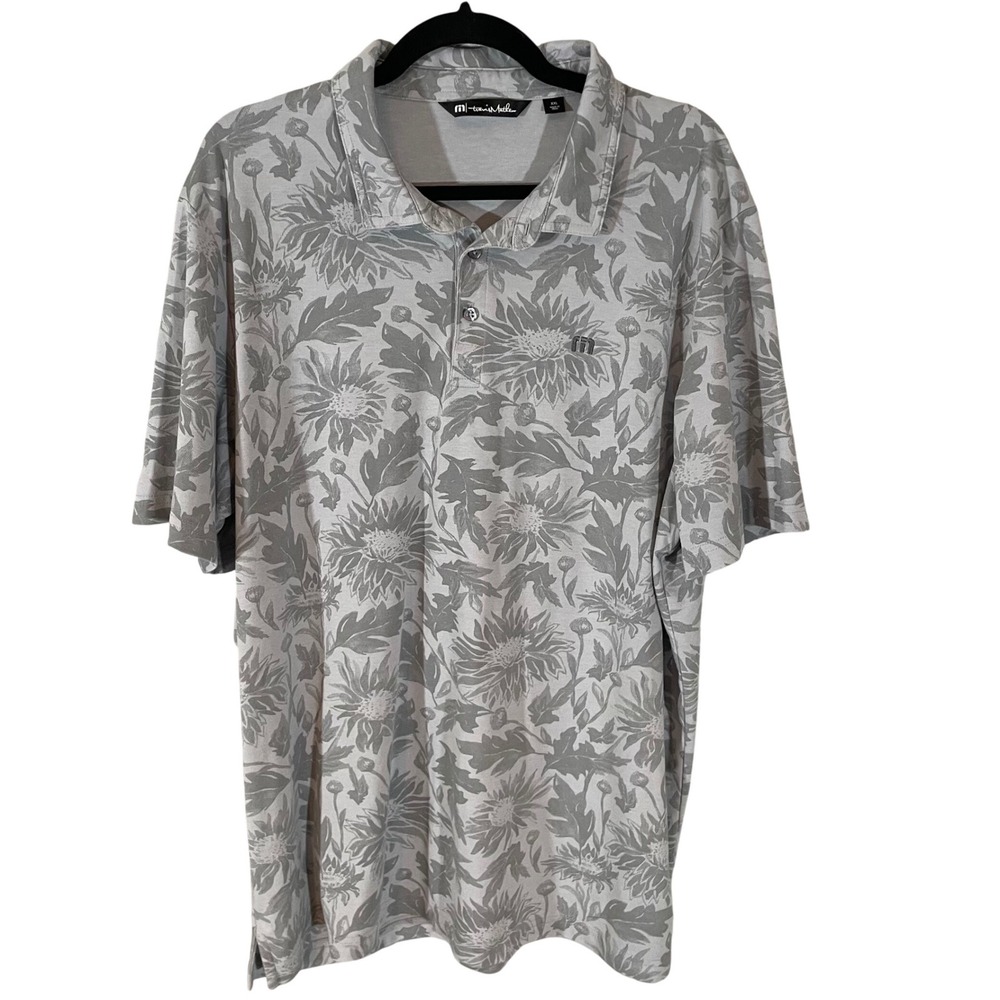 TravisMathew Mens XXL Grey Floral Chrysanthemum Polo Shirt Short Sleeve Golf